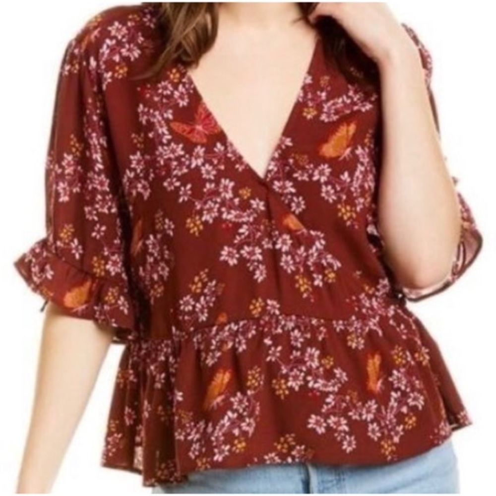 Madewell Burgundy Red Multicolor Floral Butterfly Print Wrap Front Top, Size 8